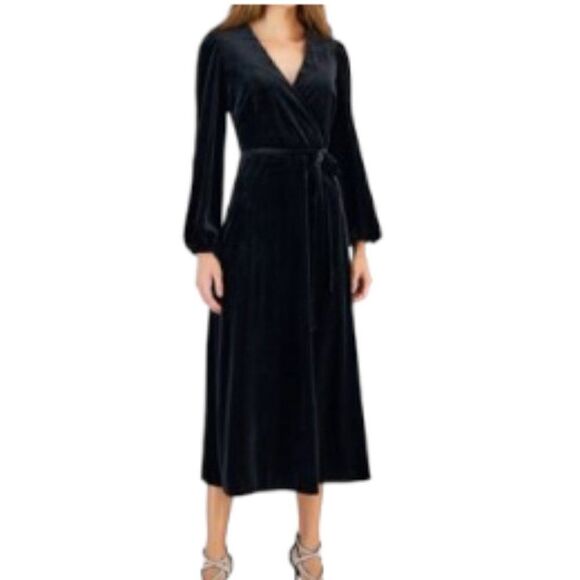 INC International Concepts Faux-Wrap Velour Dress Black Medium NWT - Picture 1 of 2